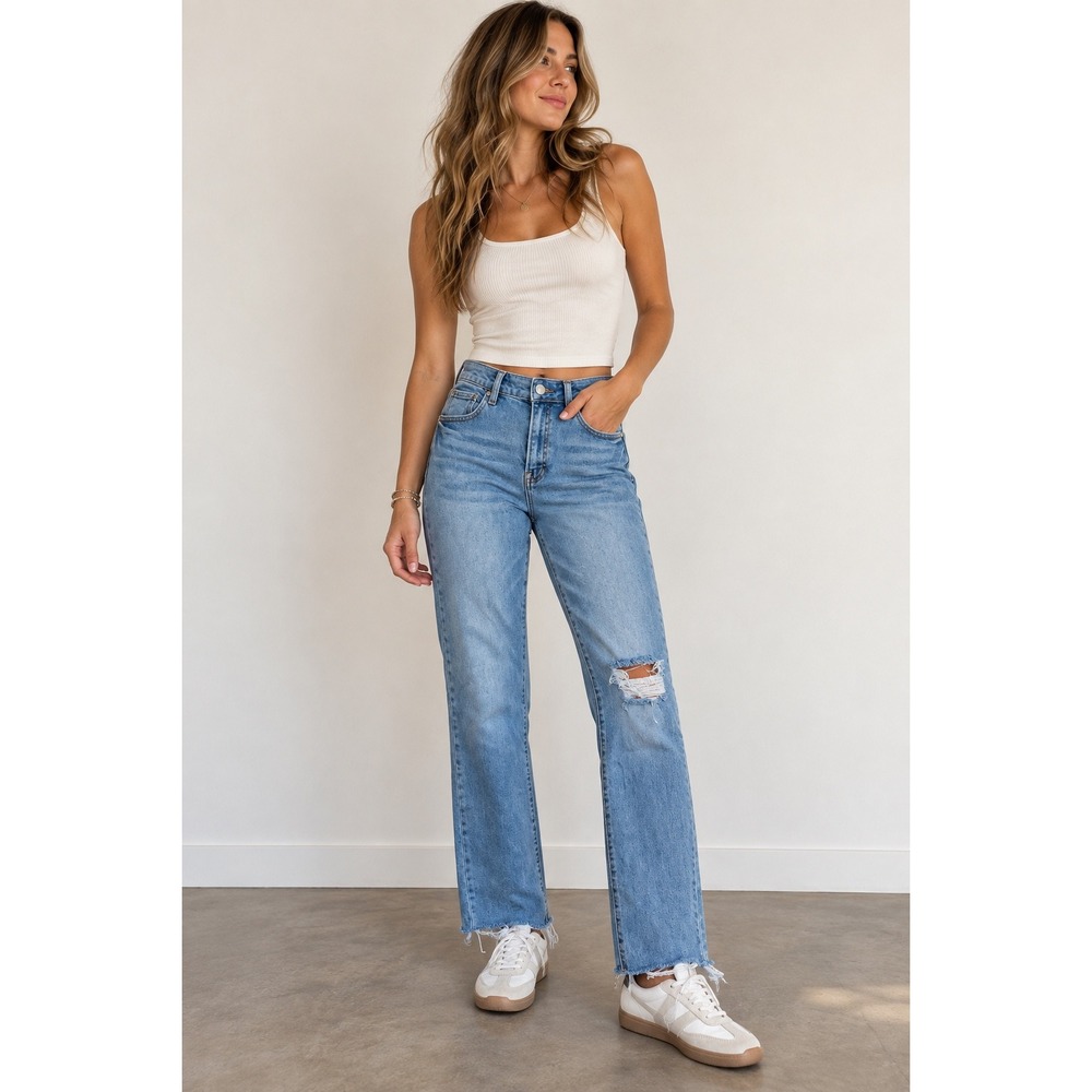 Risen Jeans Distressed Straight Leg High Rise Blue Denim Size 9/29